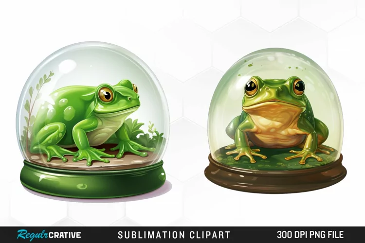 Watercolor Green Frog In Glass Dome Fun Clipart