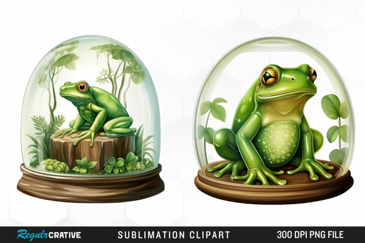 Watercolor Green Frog In Glass Dome PNG Clipart