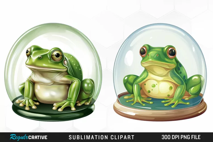 Watercolor Green Frog In Glass Dome Fun Clipart