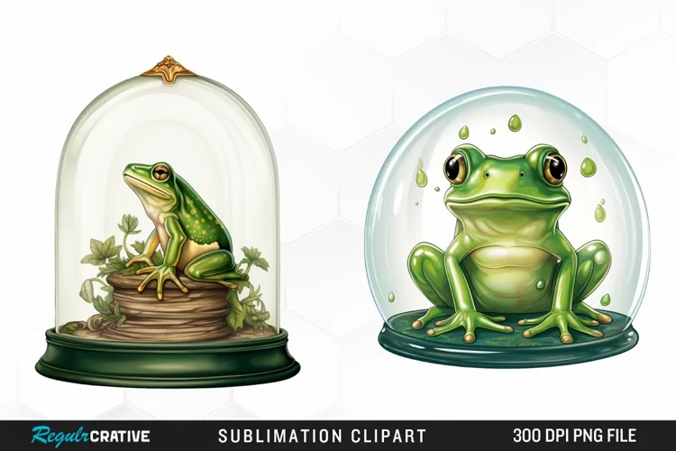 Watercolor Green Frog In Glass Dome Fun Clipart