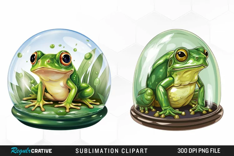 Watercolor Green Frog In Glass Dome Fun Clipart