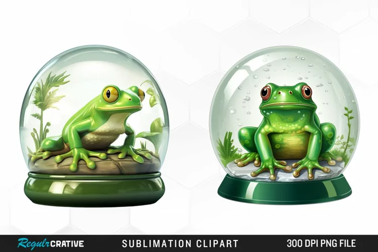 Watercolor Green Frog In Glass Dome Fun Clipart