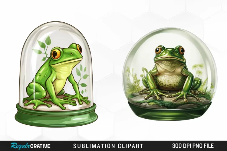 Watercolor Green Frog In Glass Dome PNG Clipart