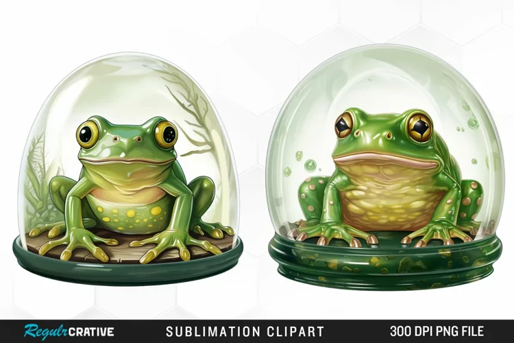 Watercolor Green Frog In Glass Dome Fun Clipart