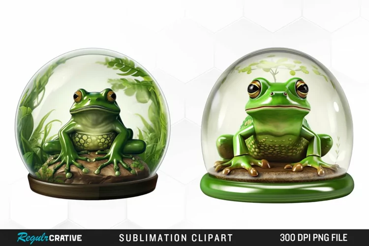 Watercolor Green Frog In Glass Dome Fun Clipart