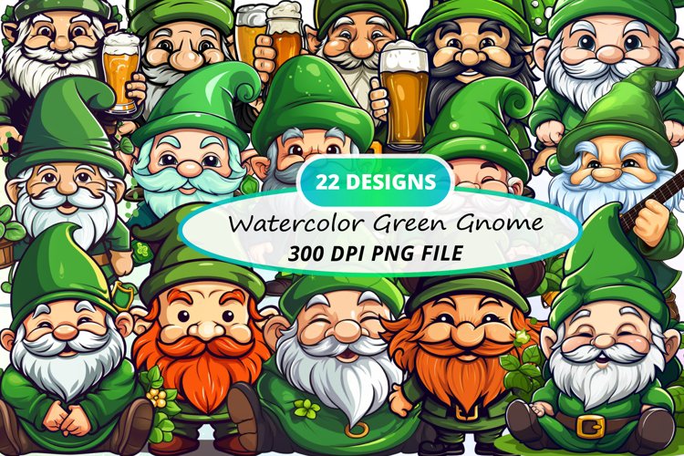Watercolor Green Gnome Sublimation Clipart Bundle