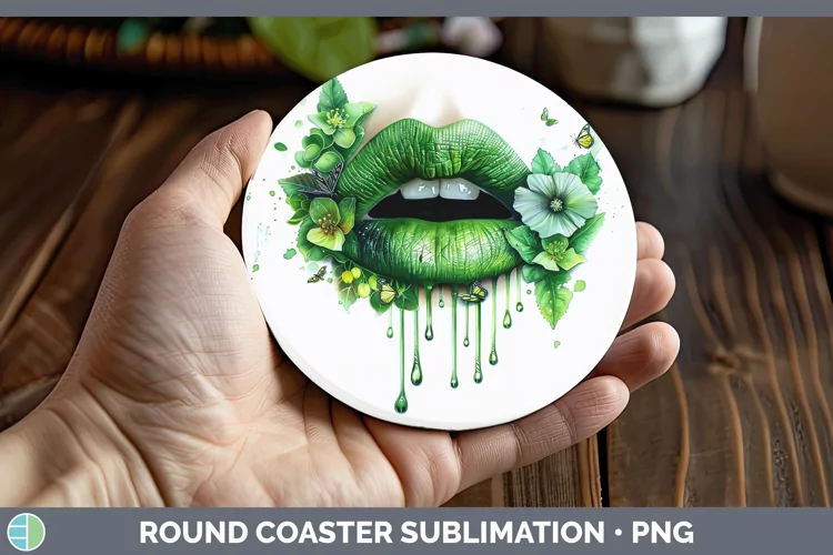 Watercolor Green Lips Round Coaster Sublimation Coaster Desi