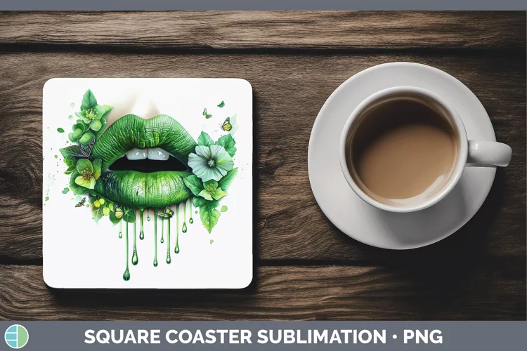 Watercolor Green Lips Square Coaster Sublimation Coaster Des