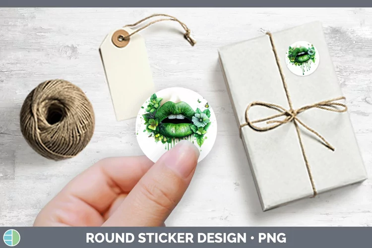 Watercolor Green Lips Stickers | Round Labels Designs