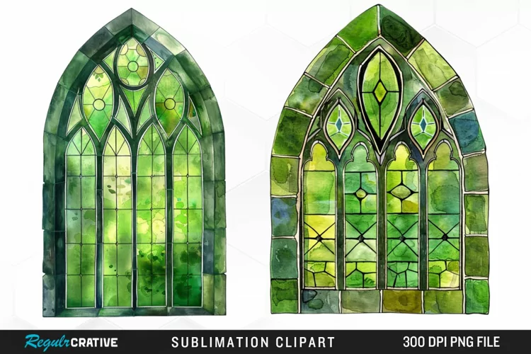 Stained Glass Green Window Illustration Clipart