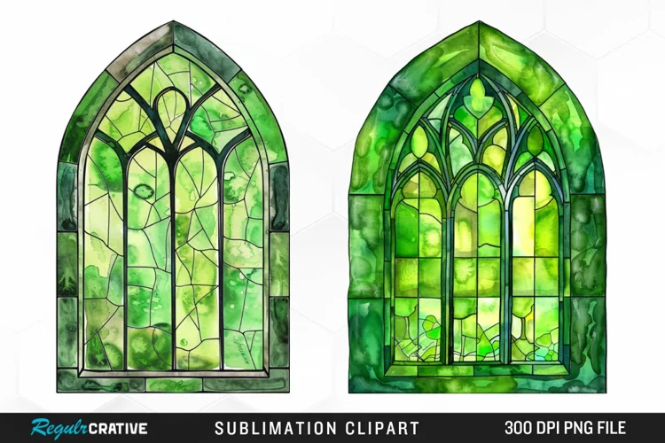 Stained Glass Green Window Illustration Clipart