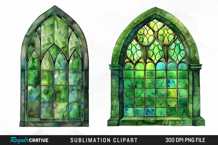 Stained Glass Green Window Illustration Clipart