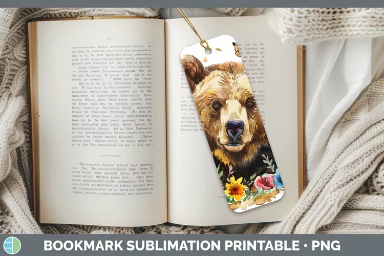 Watercolor Grizzly Bear Bookmark Sublimation Printable Desig
