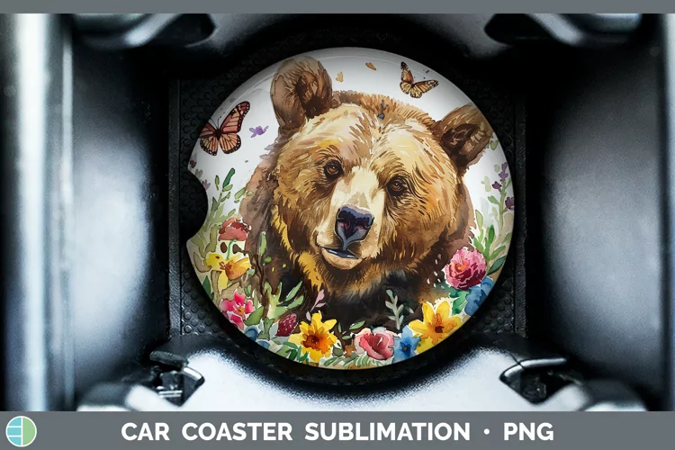 Watercolor Grizzly Bear Car Coaster Sublimation Coaster Desi