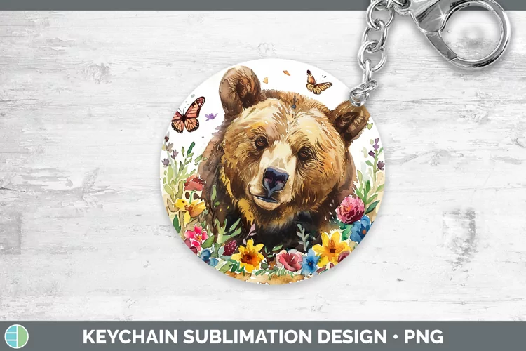 Watercolor Grizzly Bear Keychain Sublimation Keyring Designs
