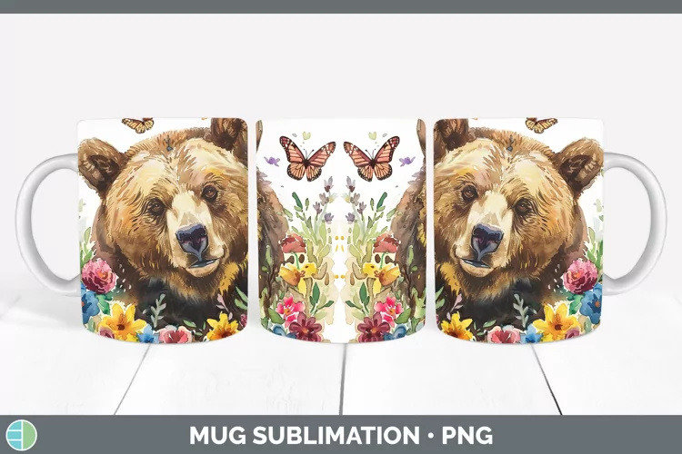 Watercolor Grizzly Bear Mug Wrap Sublimation Coffee Cup Desi