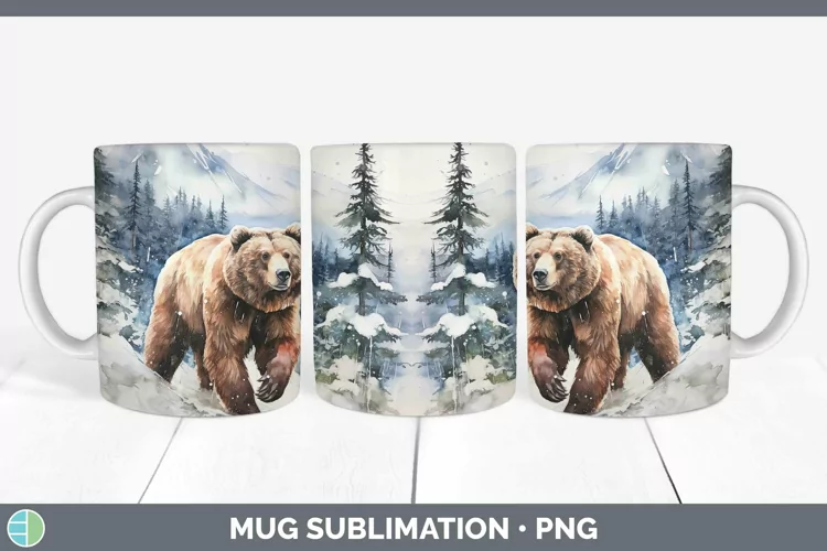 Watercolor Grizzly Bear Mug Wrap | Sublimation Coffee Cup De