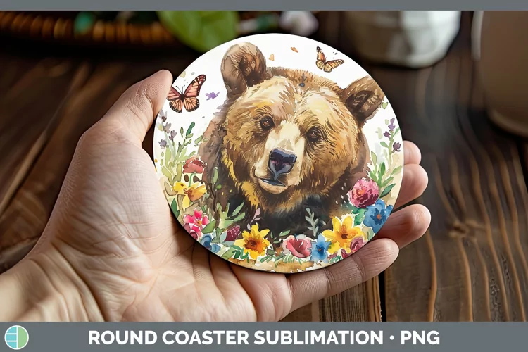 Watercolor Grizzly Bear Round Coaster Sublimation Coaster De