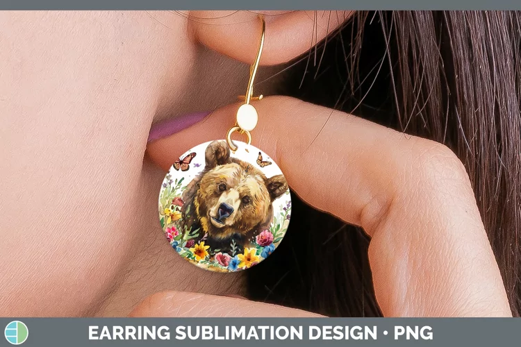 Watercolor Grizzly Bear Round Earrings Sublimation Earrings