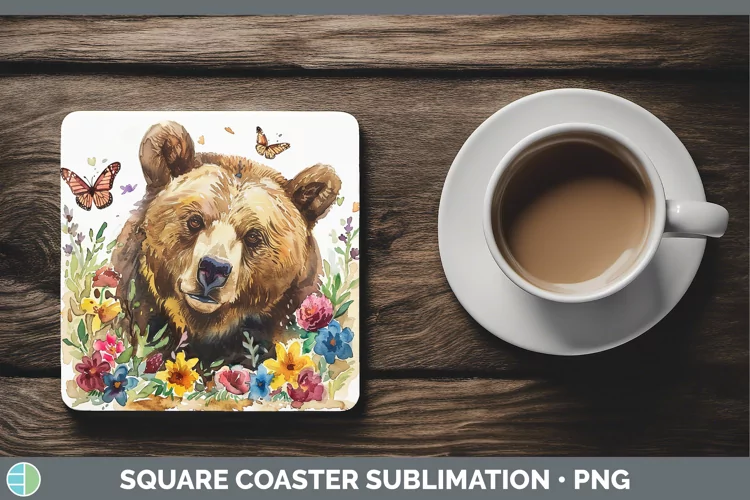 Watercolor Grizzly Bear Square Coaster Sublimation Coaster D