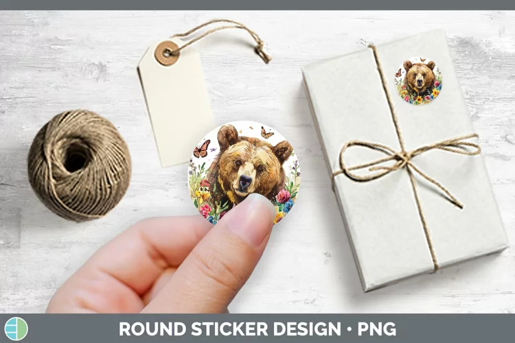 Watercolor Grizzly Bear Stickers | Round Labels Designs