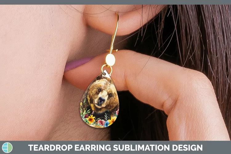 Watercolor Grizzly Bear Teardrop Earrings Sublimation Earrin