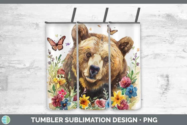 Watercolor Grizzly Bear Tumbler Sublimation 20 oz Skinny Tum