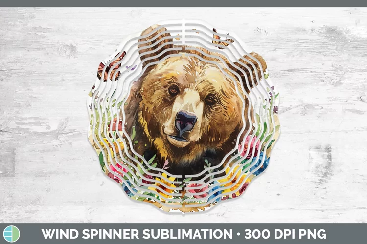 Watercolor Grizzly Bear Wind Spinner Sublimation Spinner Des