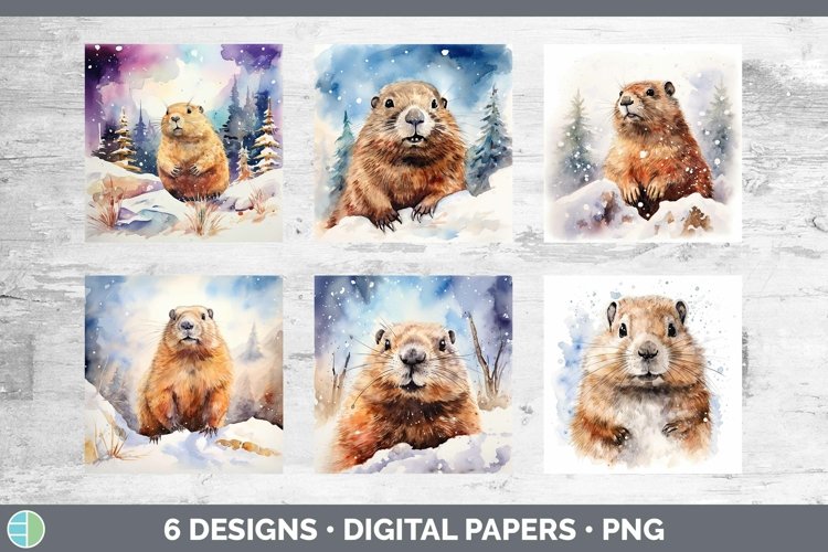 Watercolor Groundhog Paper Backgrounds | Bundle Digital Scra