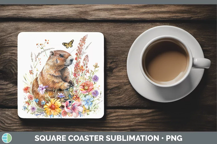 Watercolor Groundhog Square Coaster Sublimation Coaster Desi