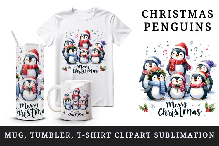 Watercolor group of penguins singing carols Merry Christmas quote print 20 oz tumbler skinny mug wrap clipart t-shirt sublimation printable design