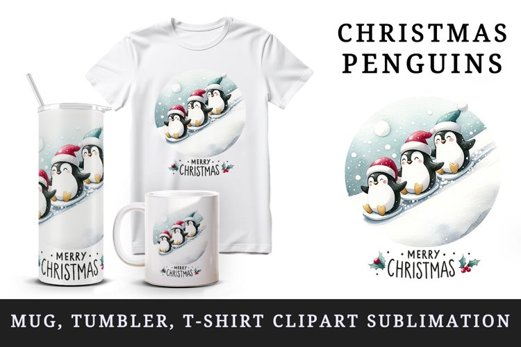 Watercolor group penguins festive hat snow hill Merry Christmas quote print 20 oz tumbler skinny mug wrap clipart t-shirt sublimation printable design