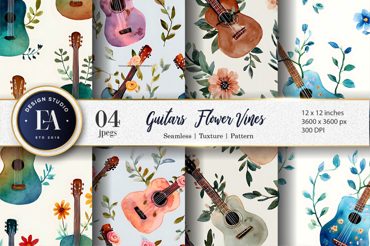 Guitars Wrapped in Floral Vines Digital Paper
