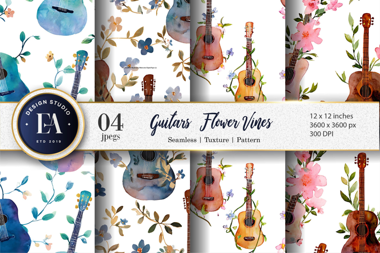 Watercolor Guitars with Flower Vines Seamless Digital Paper
