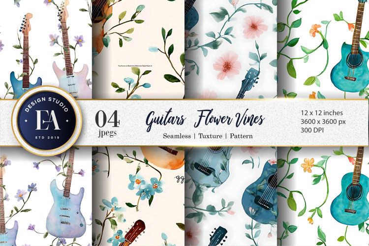 Musical Guitar Vines Seamless Watercolor Digital Paper