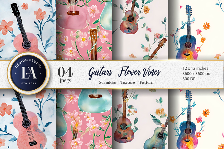 Guitars Wrapped in Floral Vines Digital Paper
