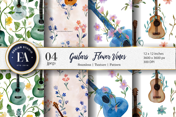 Watercolor Guitars with Flower Vines Seamless Digital Paper