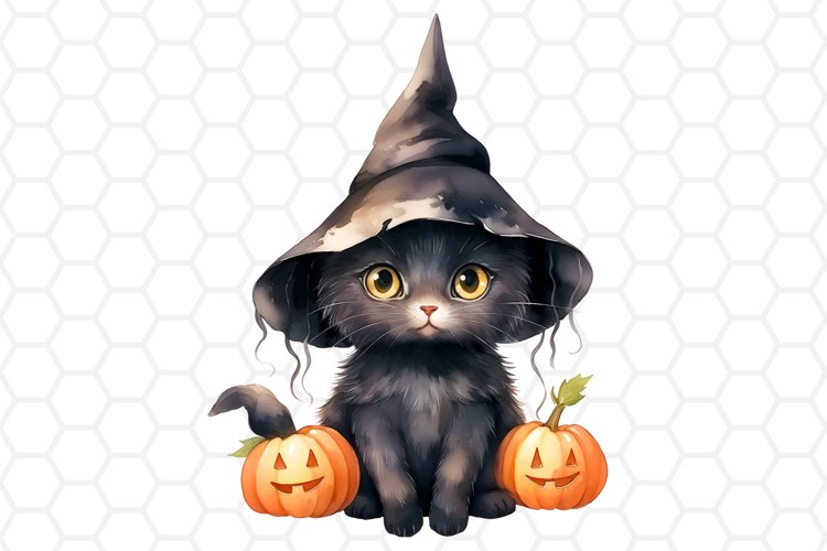 Watercolor Halloween Black Cat Clipart, Sublimation PNG
