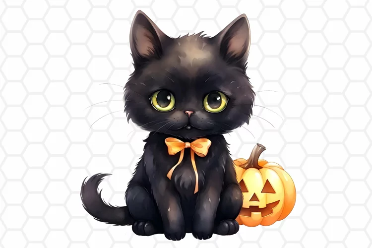 Watercolor Halloween Black Cat Clipart, Sublimation PNG