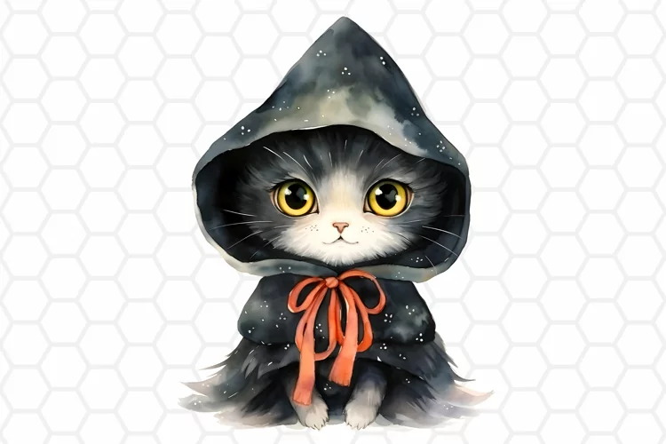 Watercolor Halloween Black Cat Clipart, Sublimation PNG