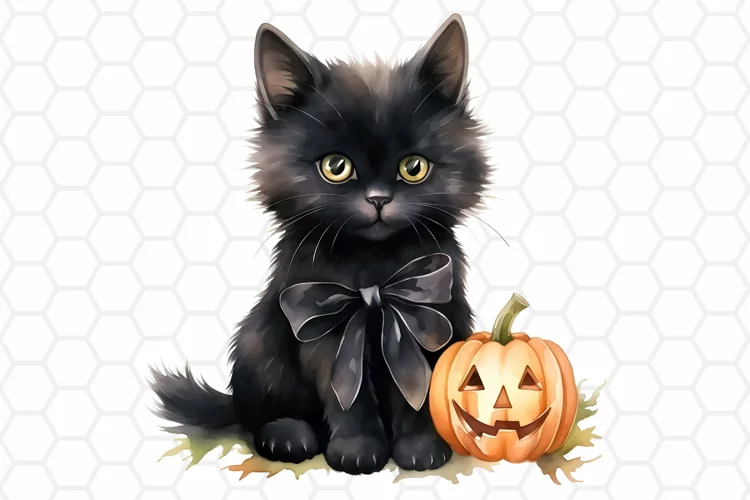 Watercolor Halloween Black Cat Clipart, Sublimation PNG