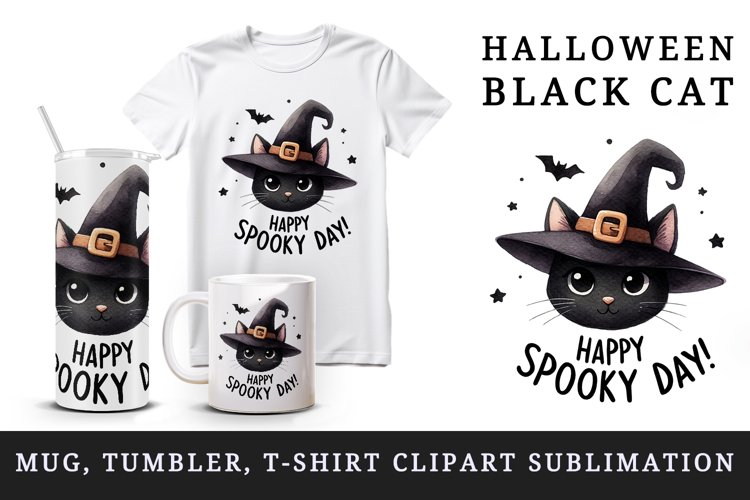 Watercolor halloween black cat witch hat Happy Spooky Day quote print 20 oz tumbler skinny mug wrap clipart t-shirt sublimation printable design