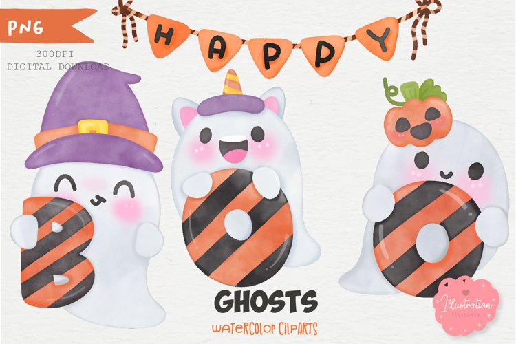 Ghost Watercolor halloween Kawaii doodle Character clipart example image 1