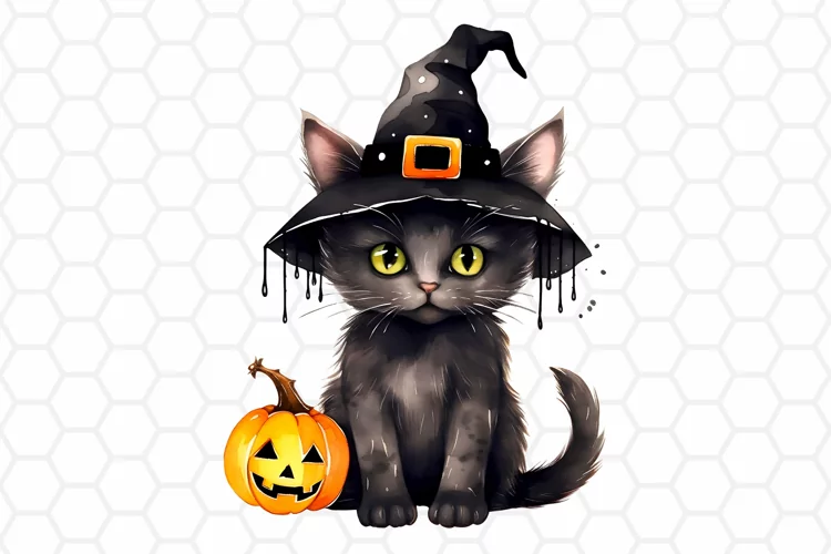Watercolor Halloween Cat Clipart, Sublimation PNG