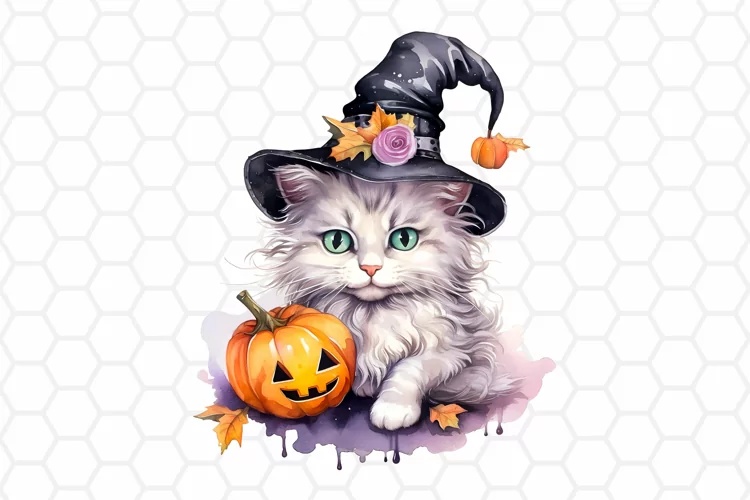 Watercolor Halloween Cat Clipart, Sublimation PNG