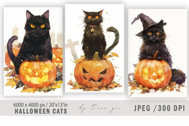 Cute watercolor Halloween cat with pumpkin - 3 jpeg files
