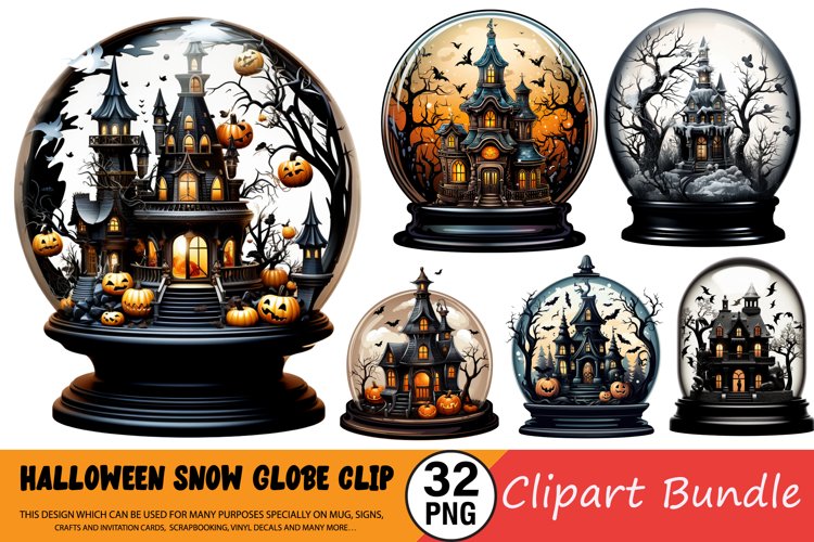 Watercolor Halloween Snow Globe and Domes Clipart Bundle