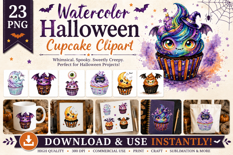 Watercolor Halloween Cupcake Clipart Bundle PNG Files