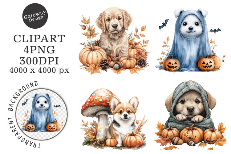 Watercolor Halloween Dog Clipart example image 1