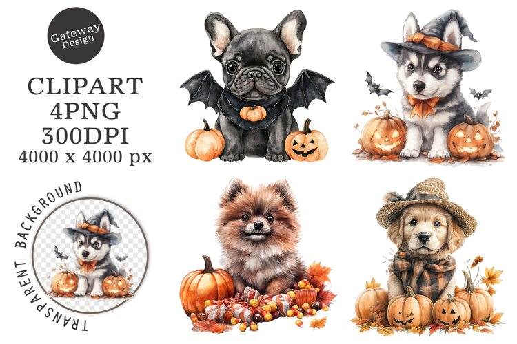 Watercolor Halloween Dogs Clipart